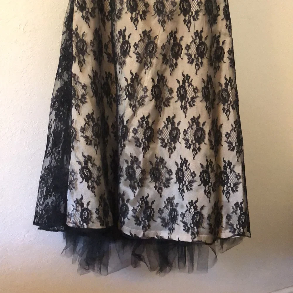 Zum Zum by Niki Livas, Champagne and Black Lace Halter Dress with Tulle Bottom. - Picture 3 of 6